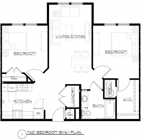 Floor plan for 2 beds, 1 bath, 936 sqft